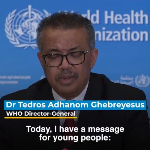 世界衛生組織（WHO）秘書長譚德塞提醒年輕人也無法倖免武肺。   圖/截取自WHO直播