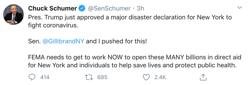 參議員舒默（Chuck Schumer）指出，聯邦緊急事務管理局（FEMA）須向紐約州提供數十億美元的直接援助。   圖：翻攝自「Chuck Schumer」Twitter