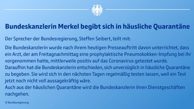 德國政府發言人塞柏特在推特發出梅克爾將居家隔離的訊息，引起國際重視。   圖：翻攝自塞柏特推特