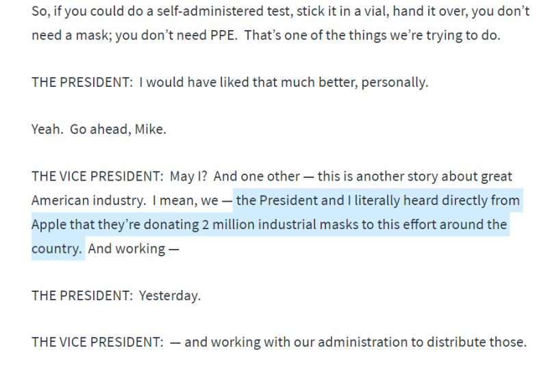 彭斯在白宮新聞發布會上說：「總統和我從蘋果直接得知他們將為捐贈200萬個工業口罩，並與我們的政府合作分發這些口罩。」   圖：擷取自白宮官網