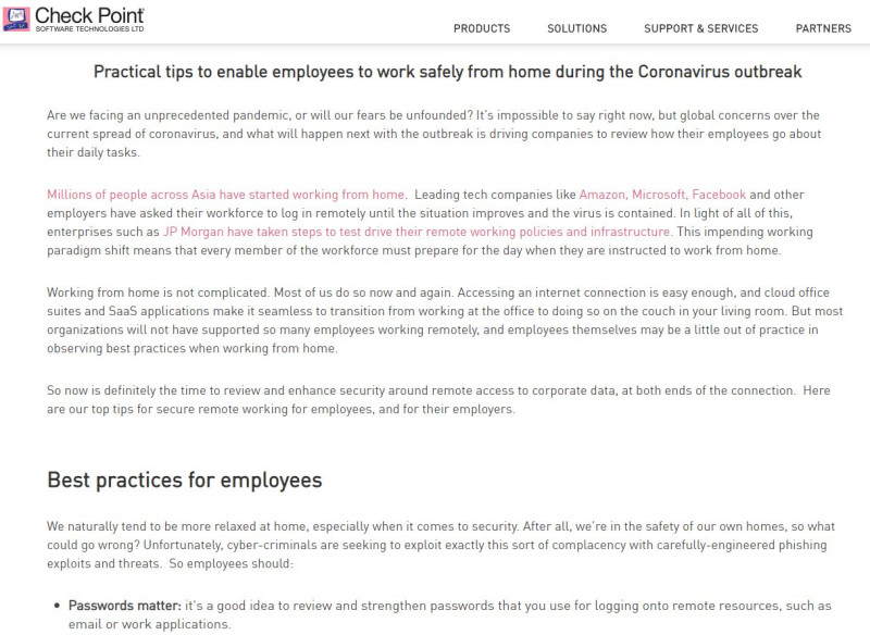 Check Point為推動在家工作的企業及員工提出９項資安防護建議。   圖：截取自Check Point官網