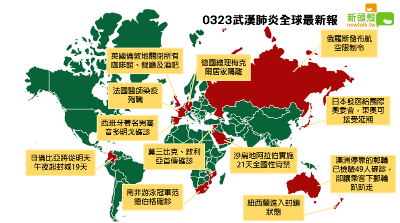 3月23日武漢肺炎全球疫情最新報。   圖：新頭殼製作。