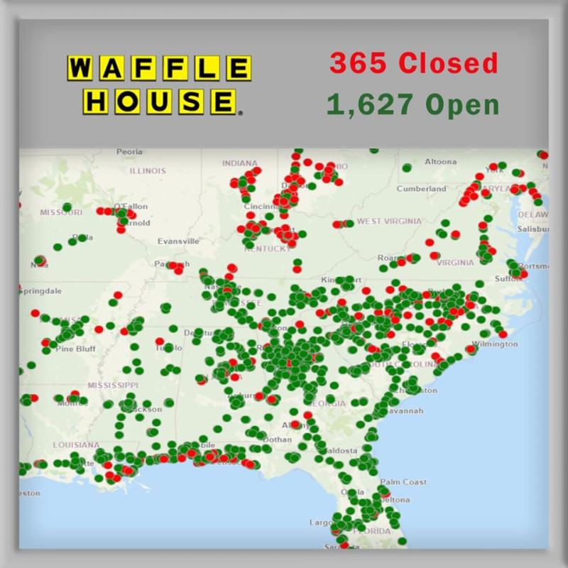 Waffle House今天在臉書宣布，目前已關閉全美365家分店。   圖：翻攝自Waffle House臉書