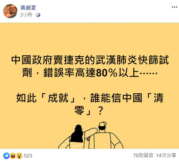 黃創夏質疑中國確診清零。   圖：翻攝自黃創夏臉書