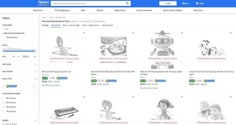 印度最大電商 Flipkart網站內商品都變成無法點選的灰色。   圖：取自Flipkart 官網