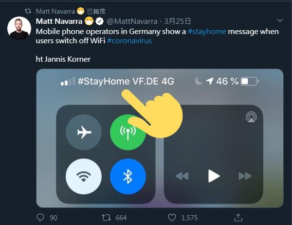 社交網站分析員納瓦拉（Matt Navarra）發現電信業者透過修改台號呼籲用戶待在家。   圖：截取自納瓦拉推特