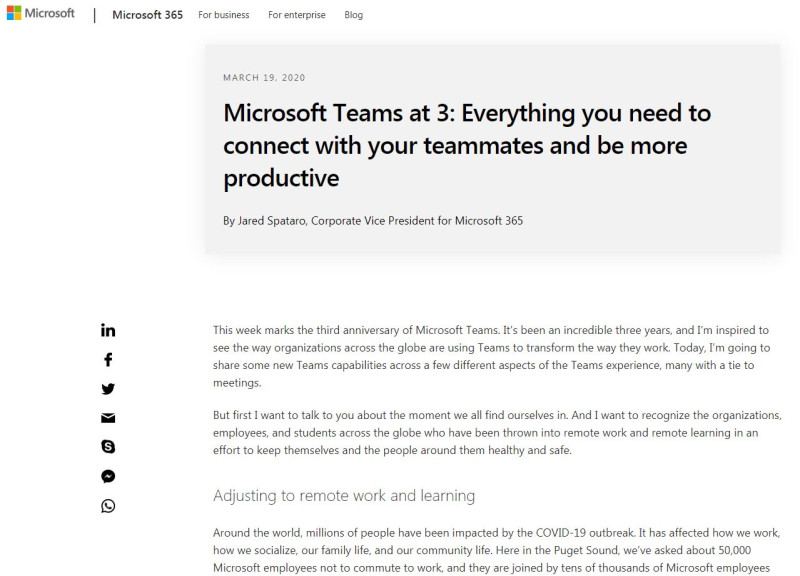 微軟宣布旗下辦公軟體Microsoft Teams的上線用戶量達到4400萬人。   圖：取自微軟官網