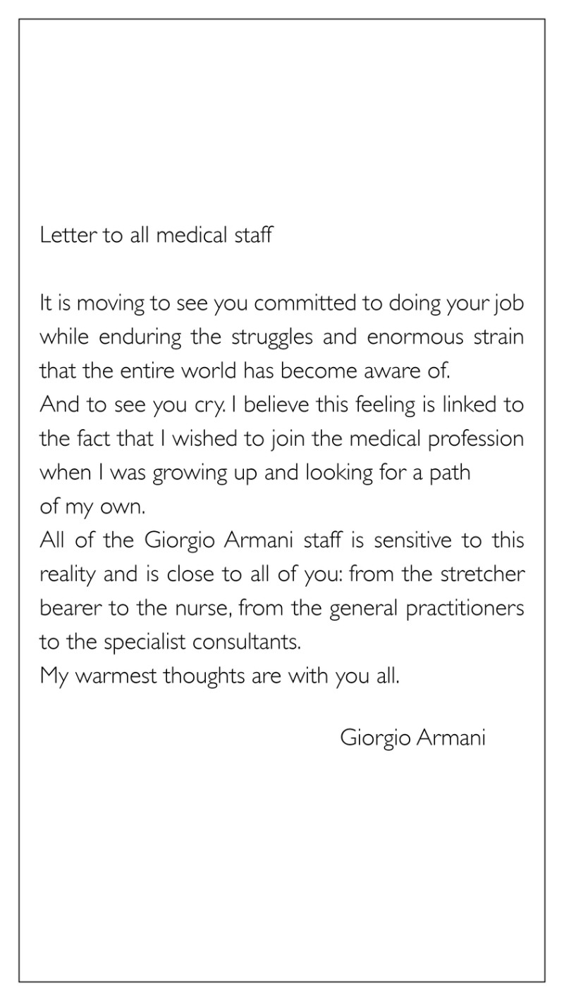 品牌設計師亞曼尼（Giorgio Armani）上周六還在多達60家報社刊登廣告，向醫護人員致敬。   圖/截取自Armani推特