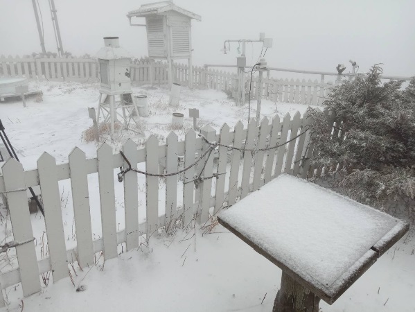 玉山站7:05開始下雪，到8:25停止，積雪約0.5公分。   圖/氣象局提供