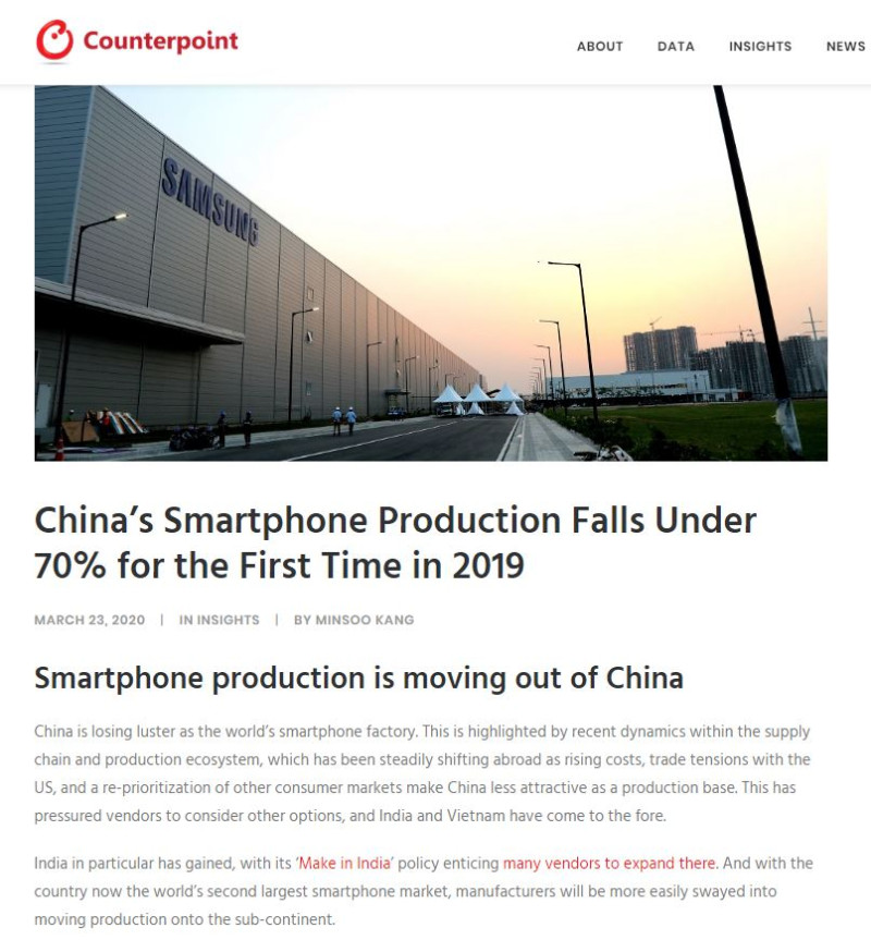 研調機構《Counterpoint Research》最新報告顯示，各手機品牌業者正加速將工廠撤出中國 。   圖：取自Counterpoint Researchｅ官網