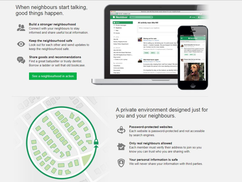 鄰里平台Nextdoor自比為市鎮中的廣場，可讓用戶熟悉附近鄰居並獲知地方消息。   圖：取自Nextdoor官網