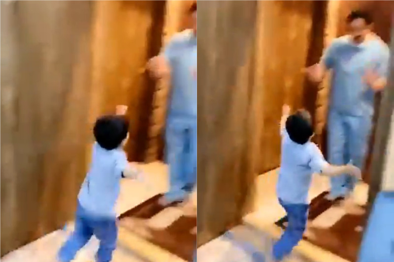 醫生沙瑞尼（ Nasser Ali Al Shahrani ）下班回家，剛踏進家門，年幼的兒子馬上衝出來要跟父親撒嬌討抱。   合成圖／翻攝@Doranimated推特