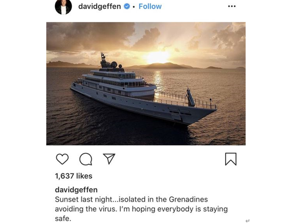 蓋芬不但乘坐豪華遊艇避疫，還在IG高調發文分享並po上遊艇照片。   圖：翻攝David Geffen IG