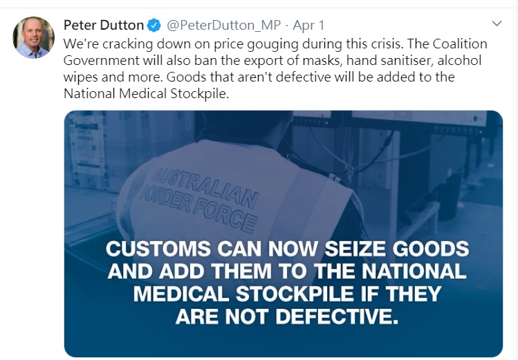 澳大利亞內政部長達頓在推特上說，該國將禁止相關防疫用品出口   圖：達頓推特　
