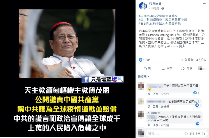 只是堵藍批評，「中國大外宣真的噁」。   圖：翻攝自只是堵藍臉書