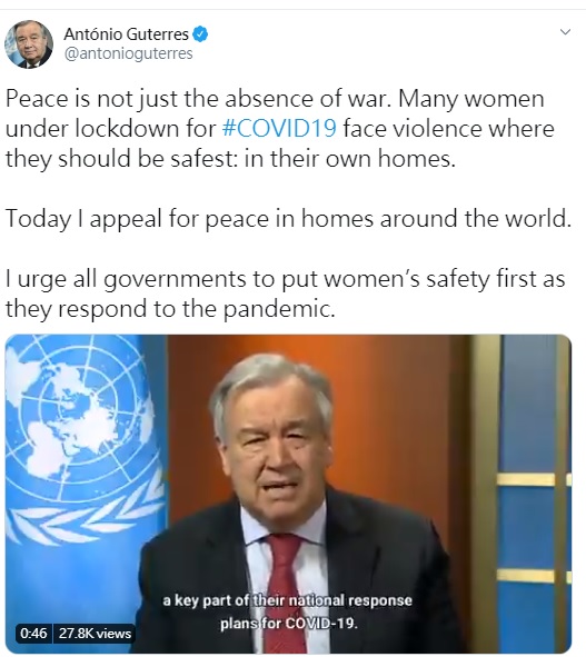 聯合國秘書長呼籲各國保護因武漢肺炎而面對家暴風險的女性。   圖：UN秘書長推特
