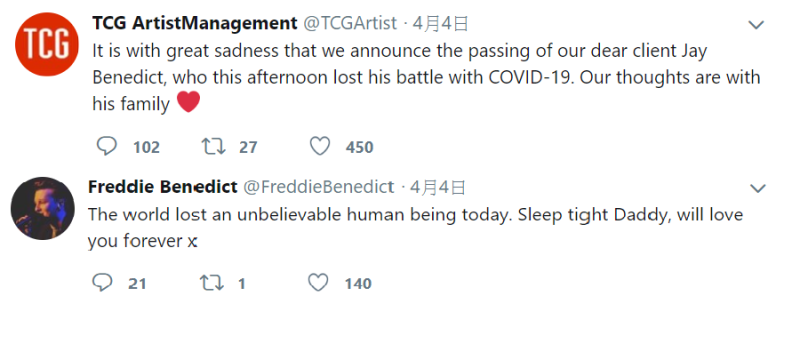 Jay Benedict的經紀公司與音樂家兒子Freddie都在推特上證實了Jay Benedict的死訊。   圖 : 翻攝自TCG經紀公司、Freddie Benedict推特