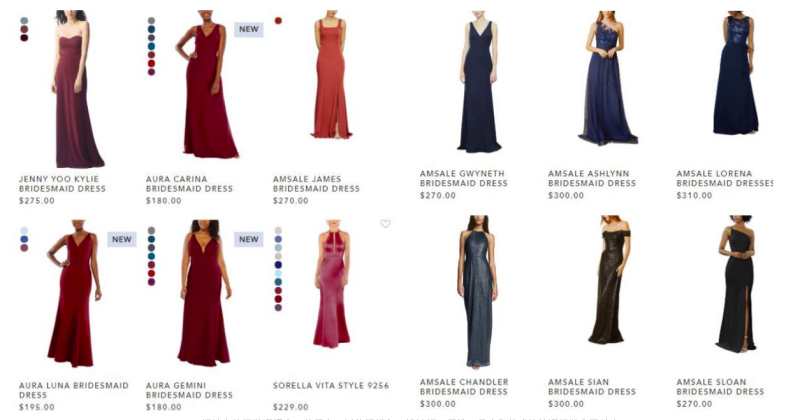 Brideside 網站上的服裝選擇多，使用者可以依照顏色、設計師、價錢、長度與款式等篩選服裝。   圖：取自Brideside官網