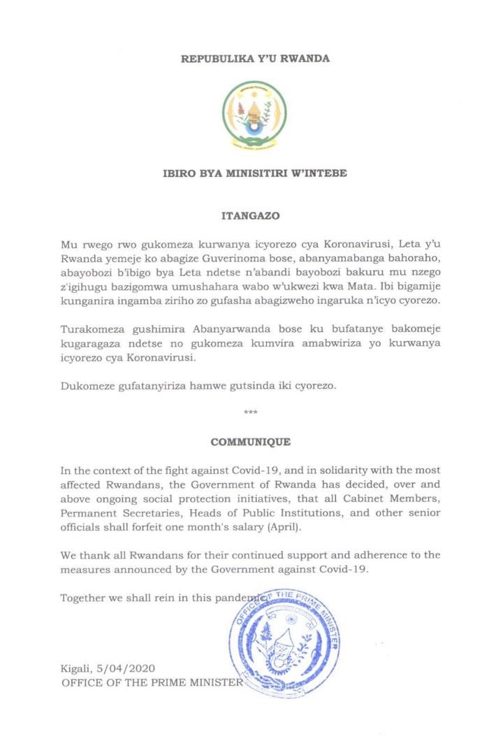 盧安達總理辦公室發出聲明，表示政府高級官員4月份將不支薪，薪水助弱勢族群對抗武漢肺炎疫情。   圖：翻攝自盧安達總理辦公室