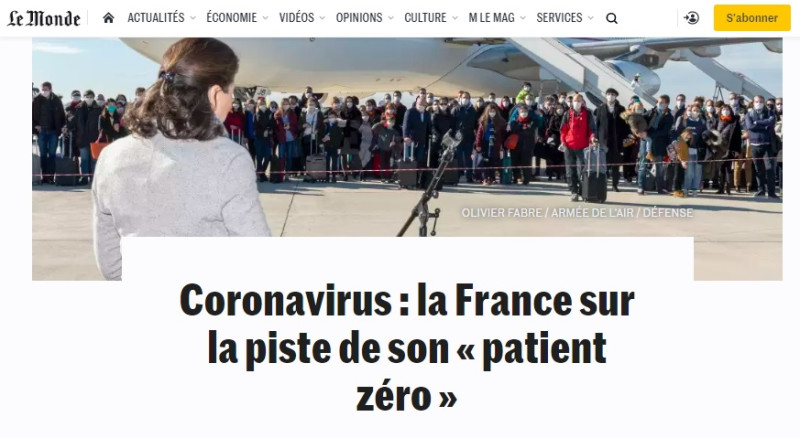 法國《世界報》指武漢肺炎的法國0號病人，與中國有關係。   圖：翻攝自法國《世界報》