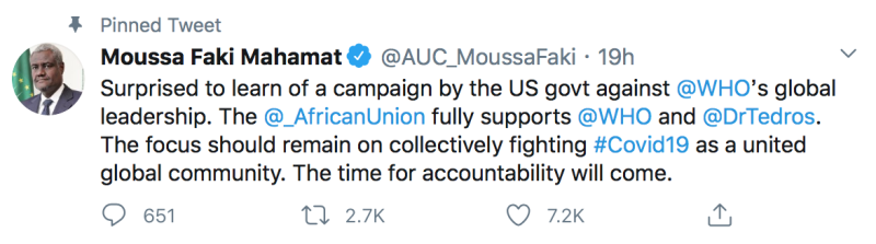 非洲聯盟委員會主席馬哈馬特（Moussa Faki Mahamat）在推特聲援WHO。   圖：翻攝自「Moussa Faki Mahamat」Twitter