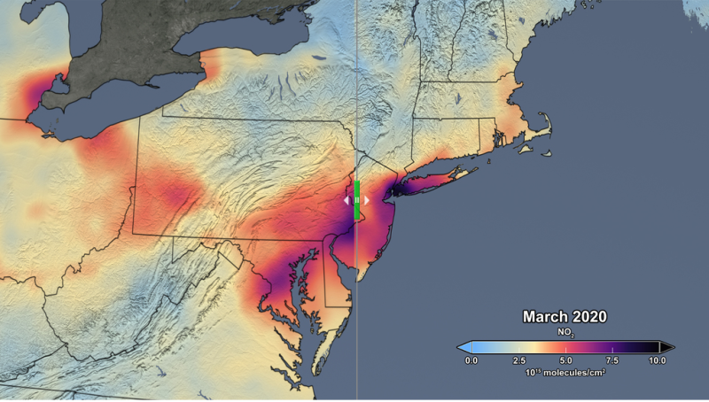 圖為NASA官方的美國東北部地區地圖，顯示因疫情導致空汙降低。   圖：NASA官方網站