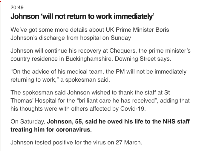 根據英國廣播公司（BBC）報導，英國首相強生今日出院。   圖：翻攝自BBC官網