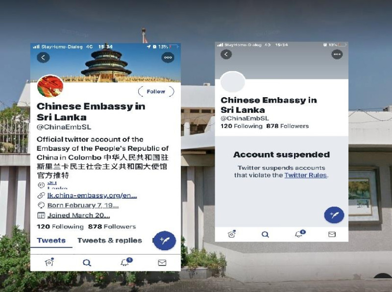 斯里蘭卡媒體報導，中國駐當地大使館推特帳號13日遭到封鎖，疑似與近日武漢肺炎口水戰有關。   圖：翻攝自NENAFN/Colombo Gazette
