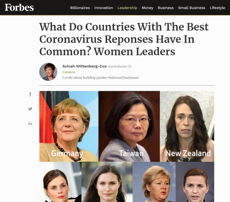 《富比世》在美東時間13日上午刊登一篇報導，題為「對新型冠狀病毒做出最佳反應的國家有什麼共通點？女性領導者」。   圖：翻攝自《富比世》官網