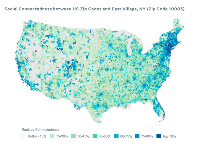 臉書推出的防疫地圖之一「社交連結指標」，可顯示跨越縣市州界甚至國界的社交連結，協助流行病學家預測疾病擴散的方向，以及哪些地區可能因疫情嚴重而向外求援。   圖：取自臉書部落格