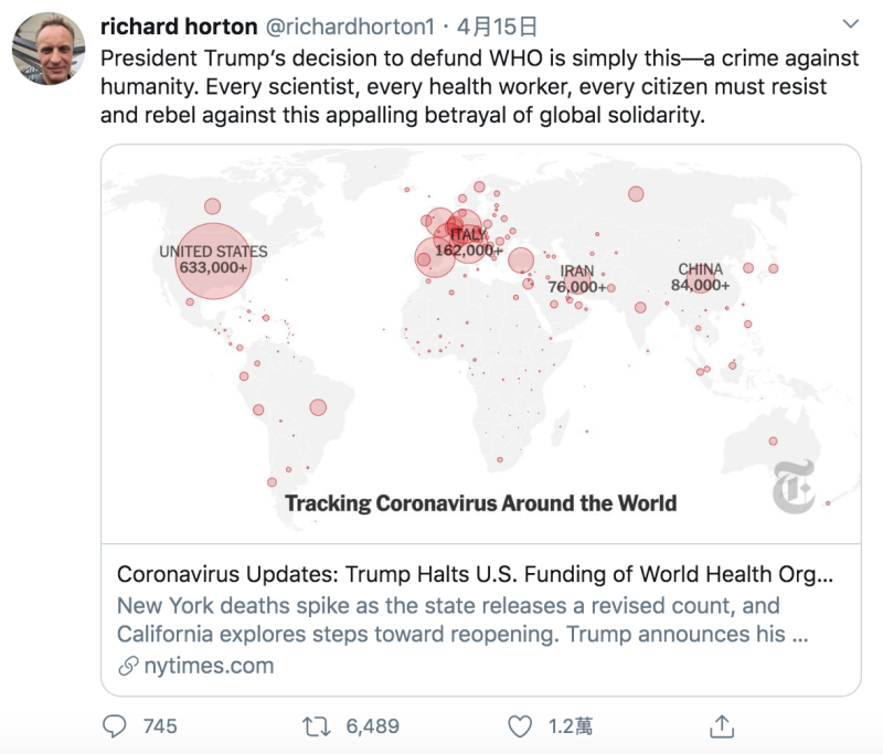醫學期刊《刺針》（The Lancet）主編理查德•霍頓（Richard Horton）15日隨即在推特怒批川普「對全人類犯罪」。   圖：翻攝自Richard Horton Twitter