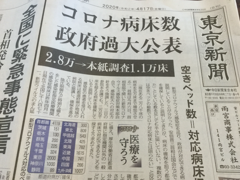 東京新聞頭版頭條踢爆安倍的病床數誇大不實，只有1.1萬床，卻說是2.8萬床（攝自東京新聞）   圖：劉黎兒攝