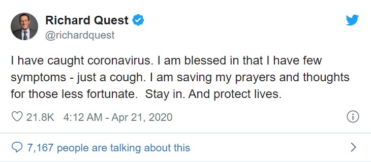 他在推特上宣布確診消息，「我感染新冠肺炎了。很幸運的是，我的症狀很輕微，只有咳嗽而已。」   圖：翻攝自twitter@richardquest