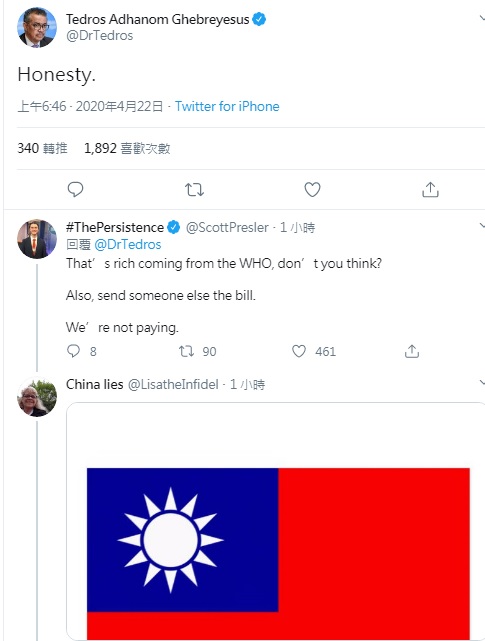 譚德塞在推特上自稱「誠實」，慘遭各國網友以台灣國旗回嗆。   圖：翻攝自譚德塞推特