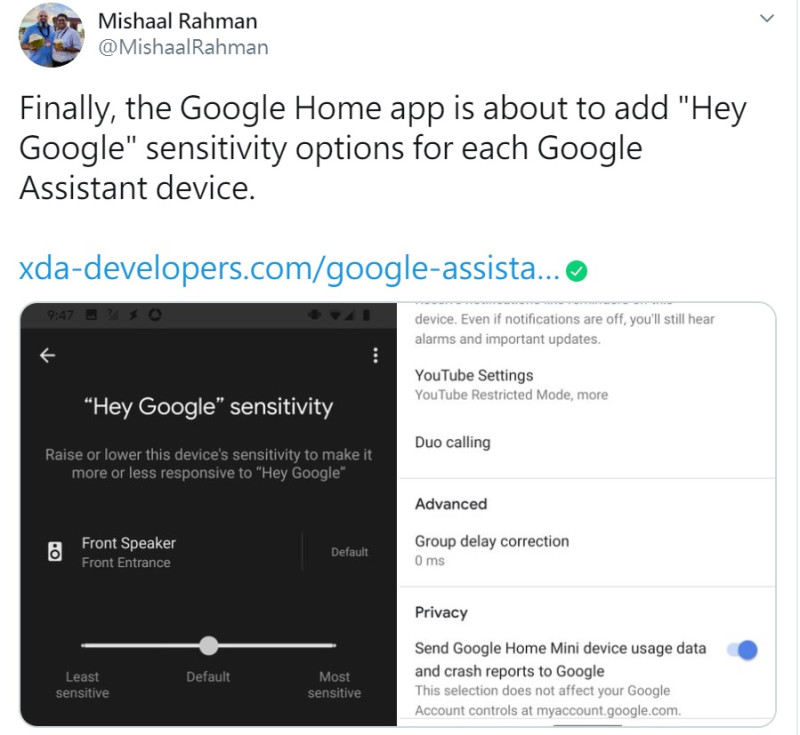 國外APP開發社群網站《XDA Developers》的總編輯拉赫曼在推特上公布的一張截圖，顯示Google為語音助理推出一項新設定，可以依用戶需求提高或降低Google助理對命令的敏感度。   圖：取自Mishaal Rahman的推特