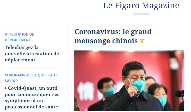 國最新一期費加洛週刊以「中國大謊言」為封面標題，專文詳述北京欺瞞病毒起源、規模及數據。   圖：翻攝Le Figaro Magazine官網