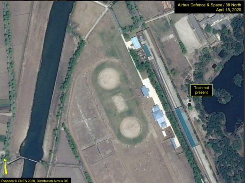 美國智庫網站「北緯38度」發表衛星拍攝影像，顯示金正恩專屬列車停靠在元山市。   圖/翻攝自www.38north.org