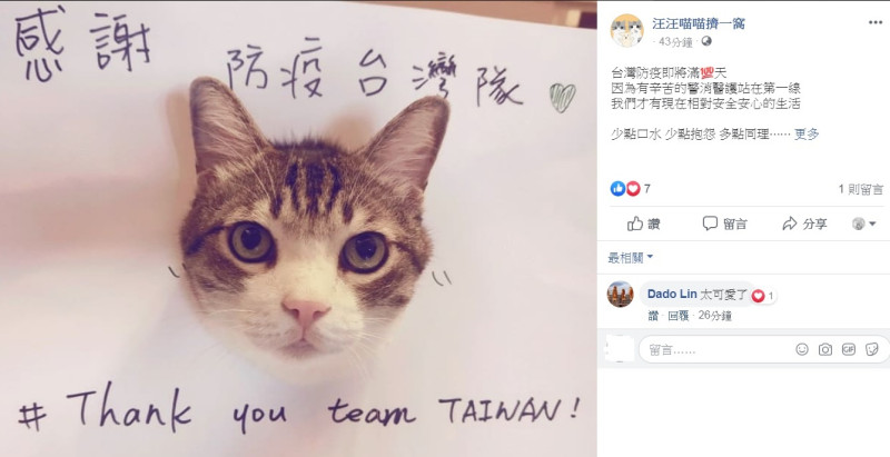 台灣戰疫到4月28日剛好滿100天，由「yahoo」發起「#ThankYouTeamTaiwan」手寫接力計畫，在網路獲得熱烈回響。   圖：翻攝自汪汪喵喵擠一窩臉書