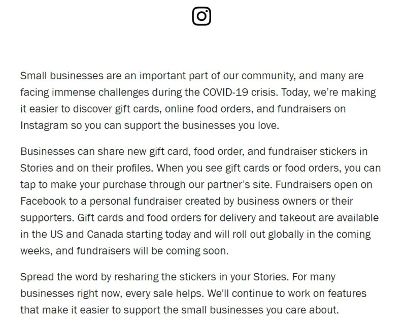 Instagram開放用戶可以直接透過平台向業者訂購美食外送，以支持喜愛的餐廳及店家。   圖：取自Instagram from Facebook的美國版部落格