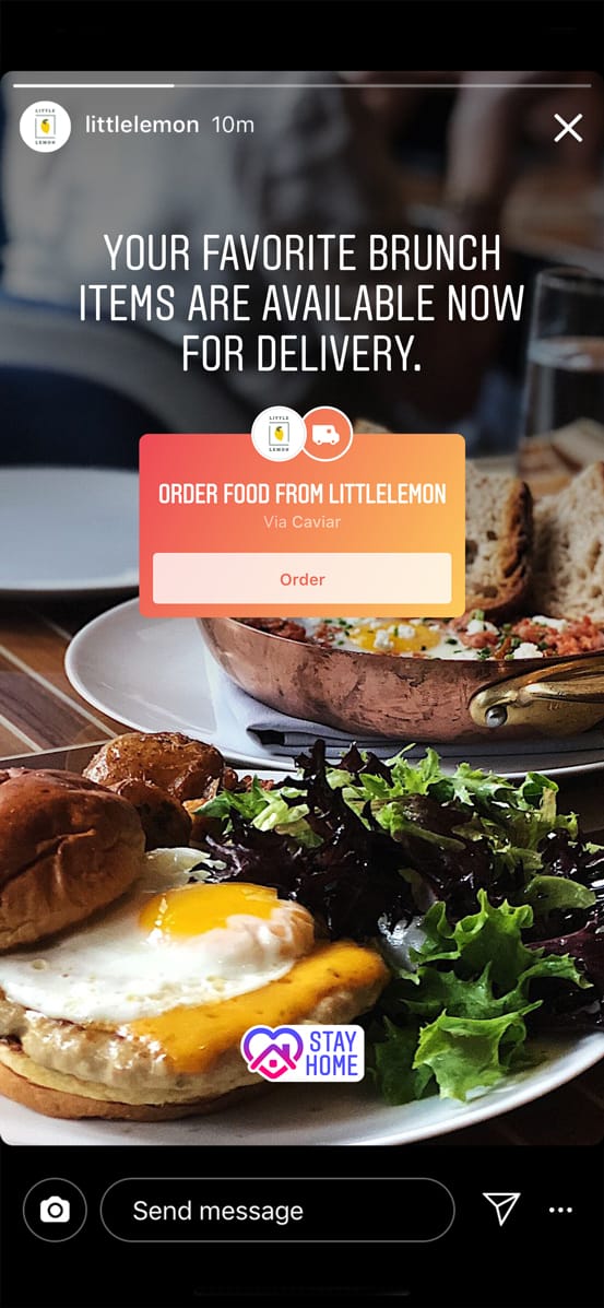 用戶可以點選企業限時動態上設置的「美食外送訊息」貼圖來下單。   圖：取自Instagram from Facebook的美國版部落格