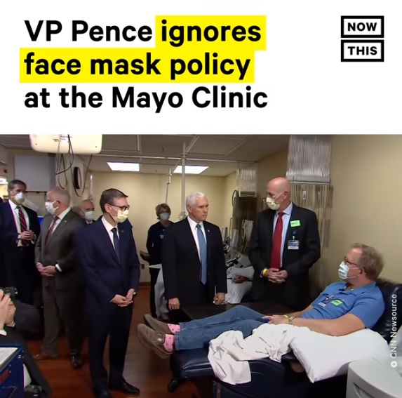 美國副總統彭斯（前排左二）前往Mayo診所探視康復的武漢肺炎病患時，沒有戴口罩，被罵錯誤示範。   圖：翻攝自NowThis Politics臉書影片