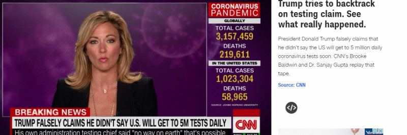 CNN主播稱川普說謊，否認自己說過每日作500萬武漢肺炎測試的話。   圖 : 翻攝自CNN官網