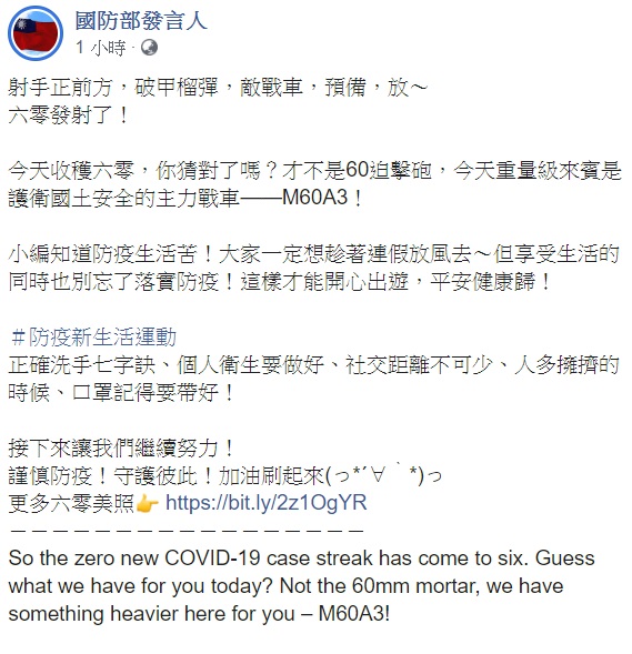 除慶祝連續0確診外，國防部發言人也提醒民眾在連假享受生活時，別忘了落實防疫。   圖：翻攝自國防部發言人臉書