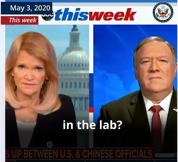 美國國務卿蓬佩奧（右圖）接受訪問，指稱有大量證據顯示，病毒起源於中國武漢的一個實驗室。   圖：翻攝自蓬佩奧推特