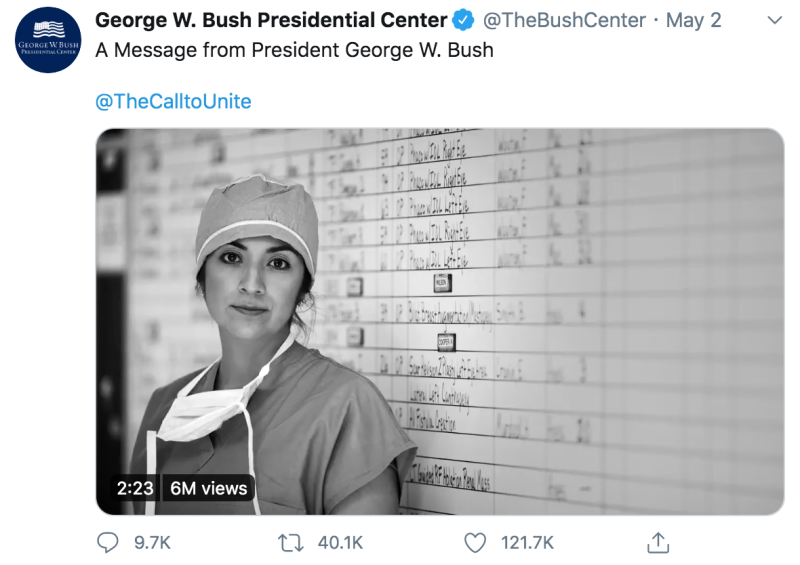「喬治・W・布希總統中心」2日發佈一段時長約3分鐘的影片。   圖：翻攝自「George W. Bush Presidential Center」Twitter