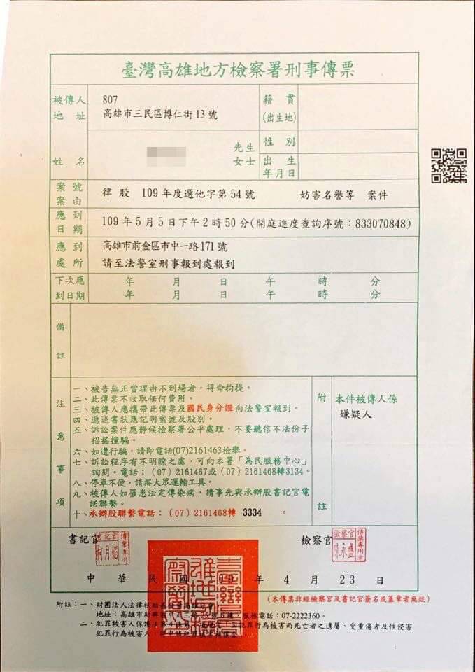 台灣基進收到地檢署傳票，將針對韓國瑜提出的妨害名譽等案出庭說明。   圖：翻攝台灣基進臉書