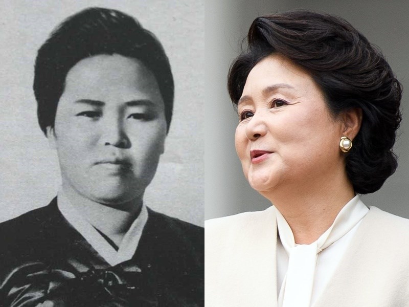 日本一家電視台日前將北韓已故最高領導人金日成的妻子、金正日生母金正淑（左）的照片誤植為同名的南韓總統文在寅夫人金正淑（右）。   圖：中央社／提供