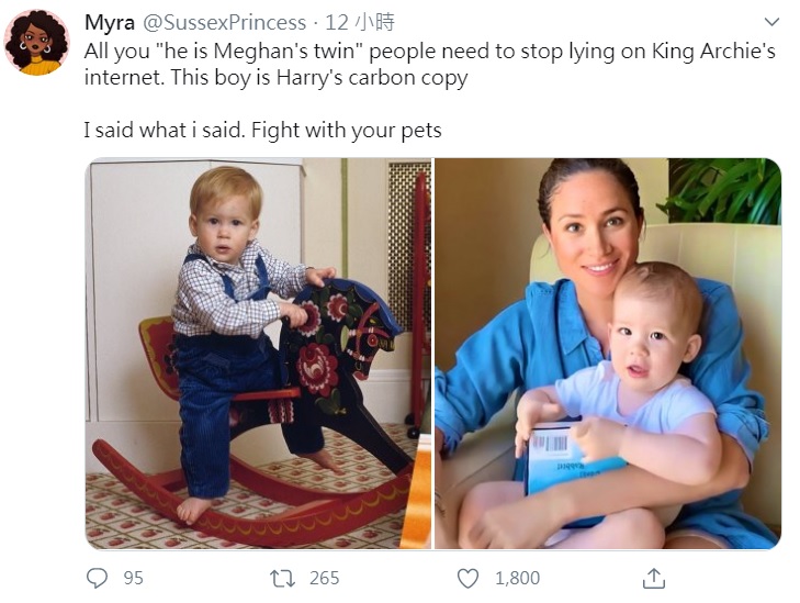有網友比照哈利王子（左圖）小時候與亞契（右圖前）的照片，直呼是一個模子印出來的。   圖：翻攝自Myra推特