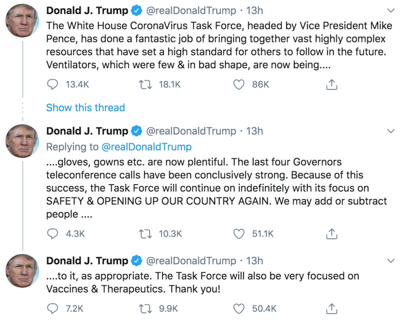 川普6日在推特上連續發推文，指出副總統潘斯領導的抗疫小組表現優異。   圖：翻攝自川普Twitter