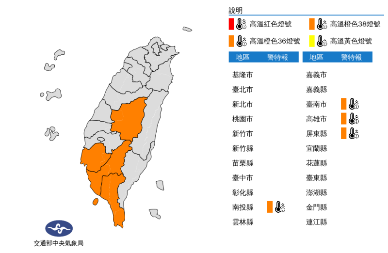 氣象局針對南投、台南、高雄與屏東發出高溫的橙色警告，民眾請小心。   圖：中央氣象局提供